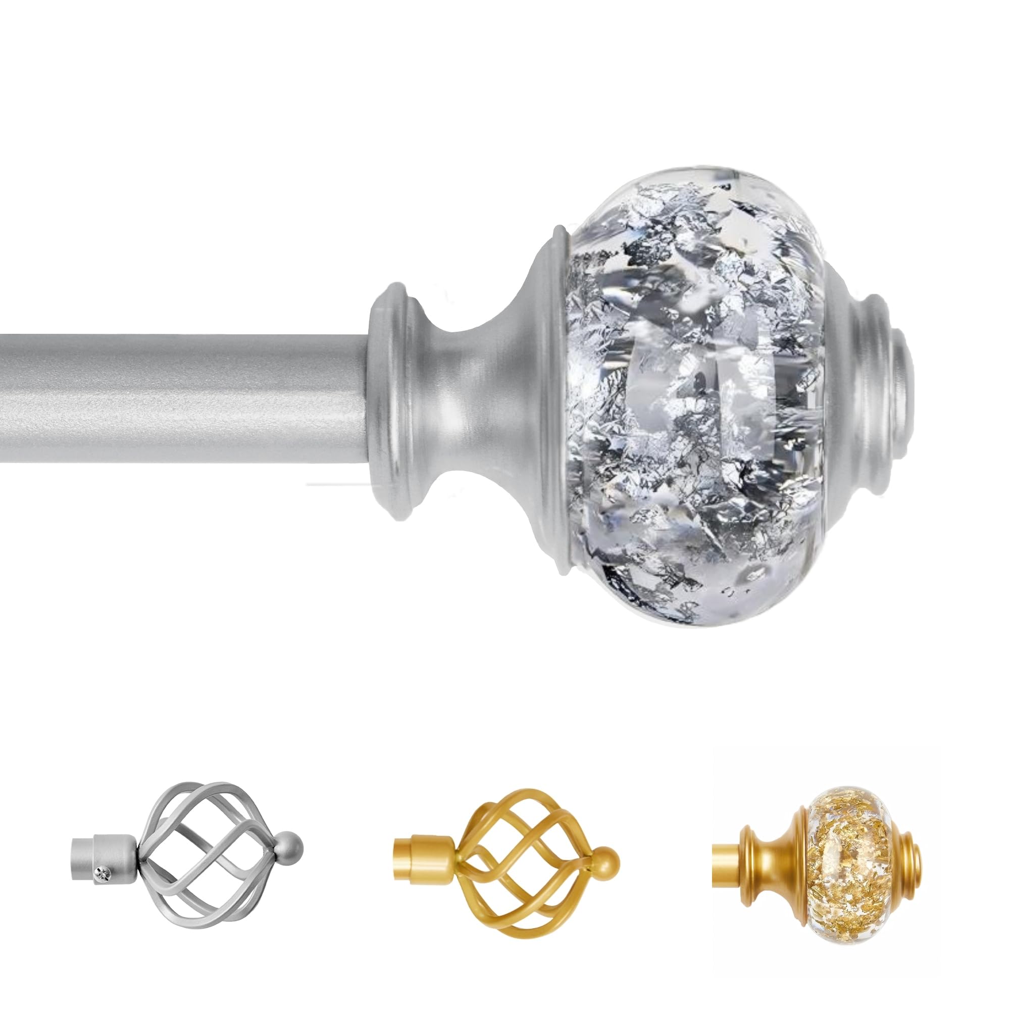 Sharpliving Silver Metal Long Curtain Poles with Brackets 1 Set, Telescopic Eyelet Curtain Rod with Glittering Foil Finials Adjustable 122 to 214 cm for Sliding Glass Door, Living Room Window, Bedroom