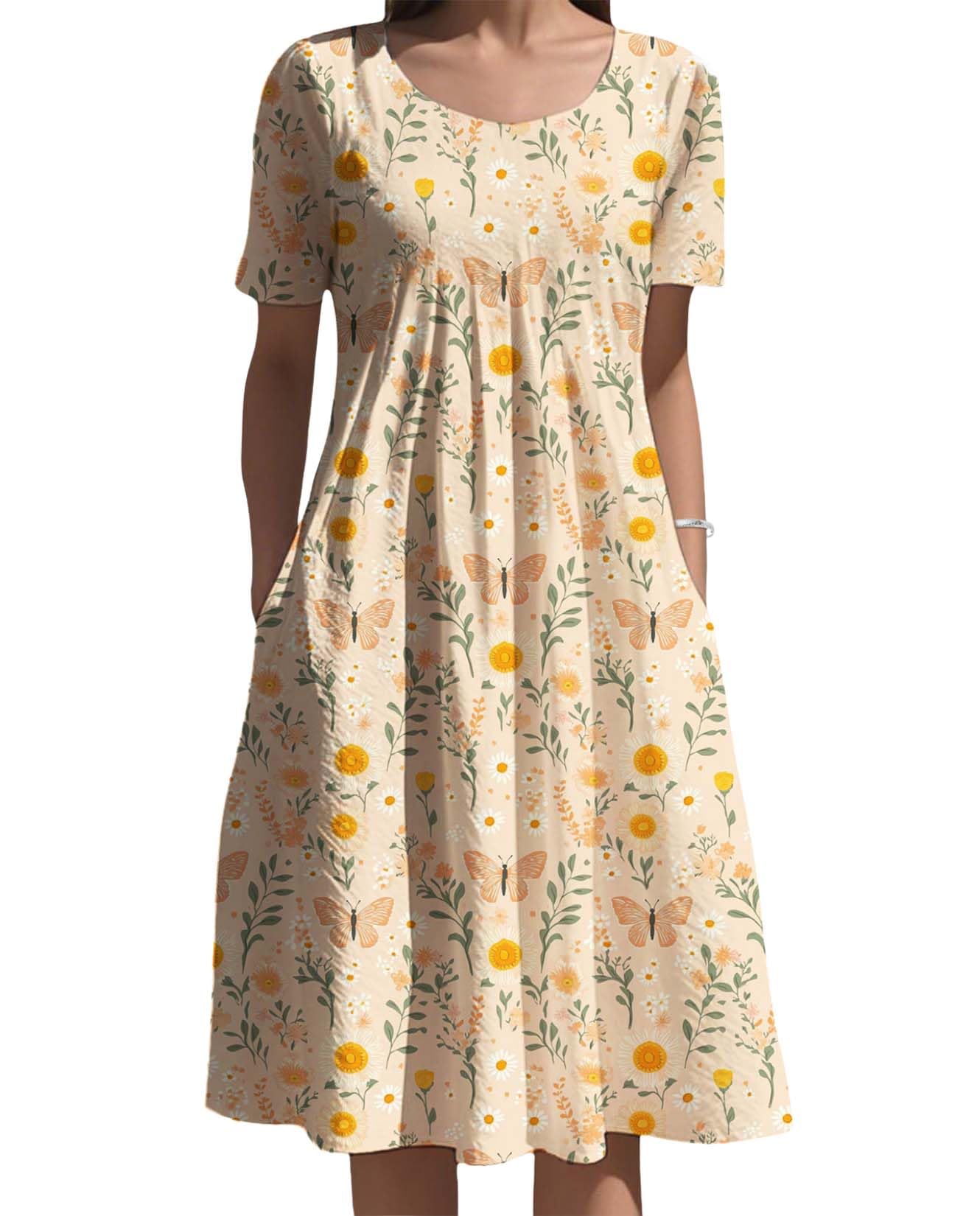 Medlor Womens Boho Dresses Short Sleeve Crewneck Casual Floral Print Beach Vacation Dress with Pockets for 2025 Summer