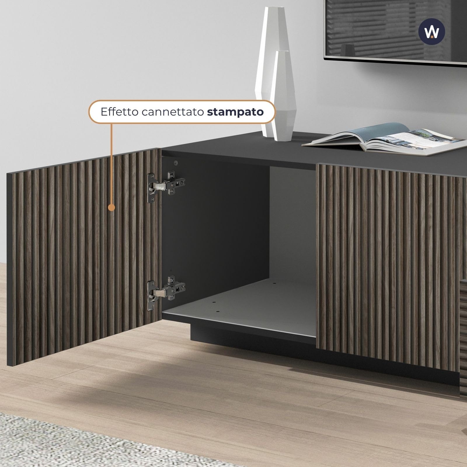WHOUS Mobile Porta TV COSTE per Soggiorno con 4 Ante e 1 Cassetto, Mobile Tv in Stile Canneté per Salotto in Legno, 220,1x43x46 cm, Antracite Opaco e Legno Scuro