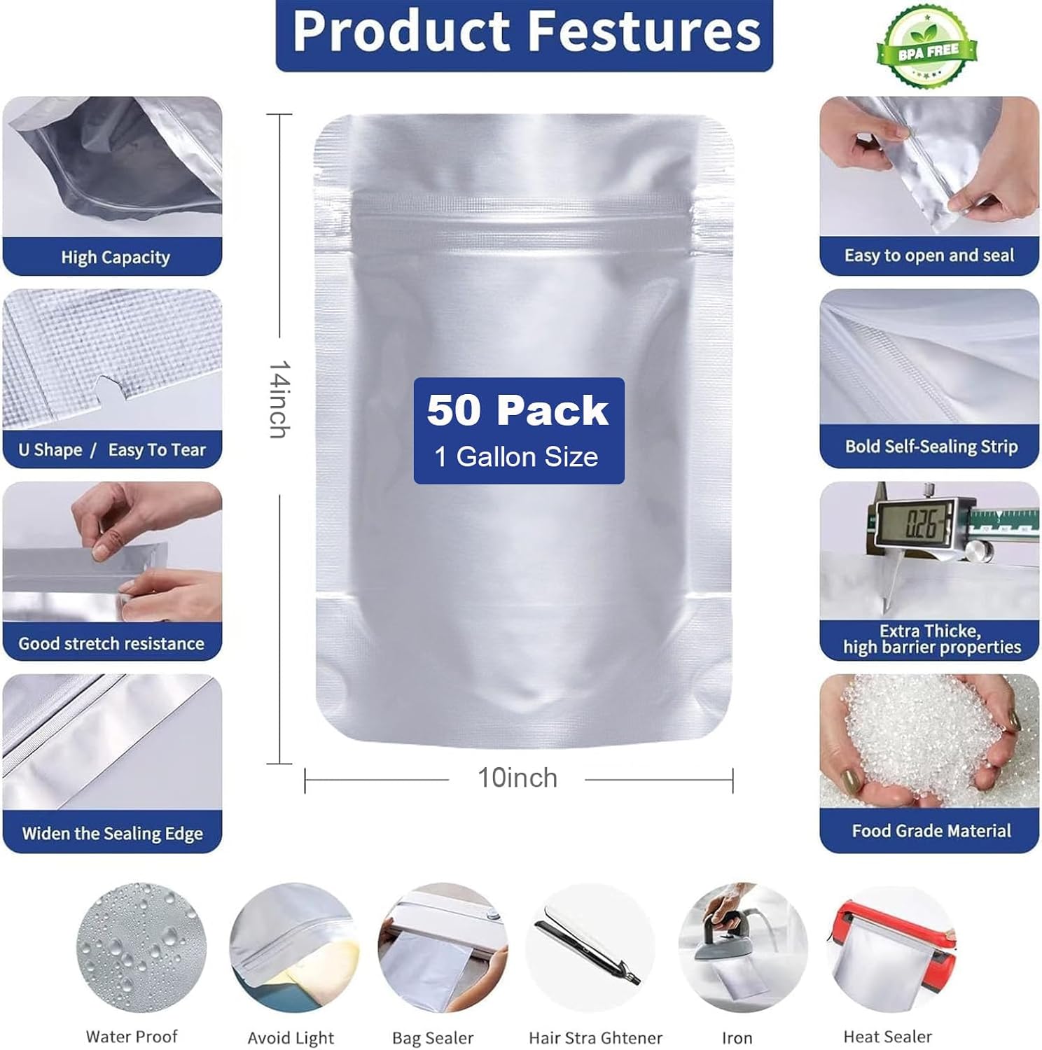 50Pcs Mylar Bags 1 Gallon, 10"x14"Mylar Bags with Oxygen Absorbers (50x500cc) for Food Storage, Zipper Resealable Heat Sealable Bag, Stand-up Smell Proof Large Mylar Bag with Labels