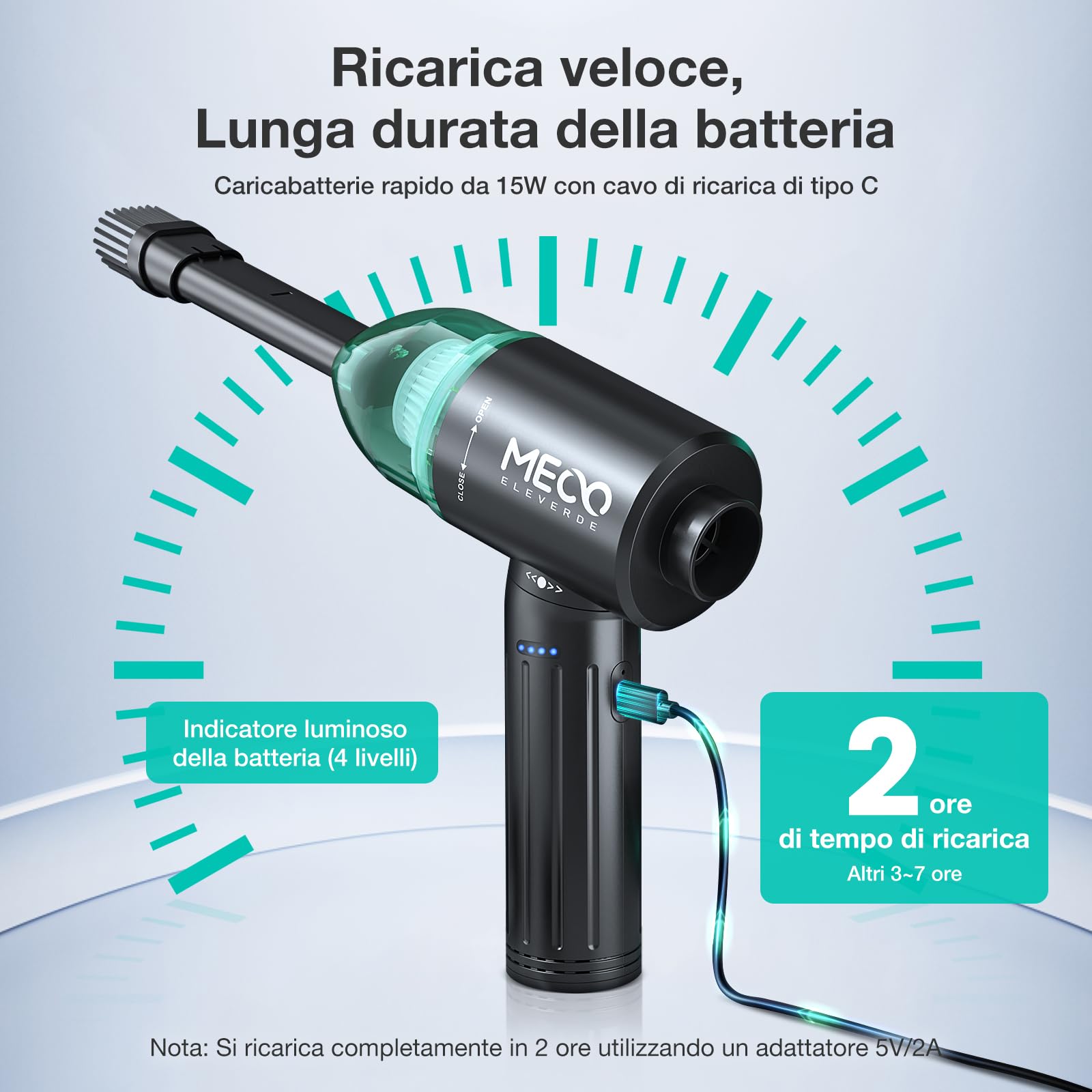 MECO 4 en 1 Elettrico Rimuovi Polvere Senza Fili & Aspirapolvere,Più Forte 3 Velocità 90000RPM/12000PA,2 Ore Ricarica Rapida di Tipo C,Aria Compressa per PC,Tastiera, Ufficio, Auto, Pulizia Della Casa
