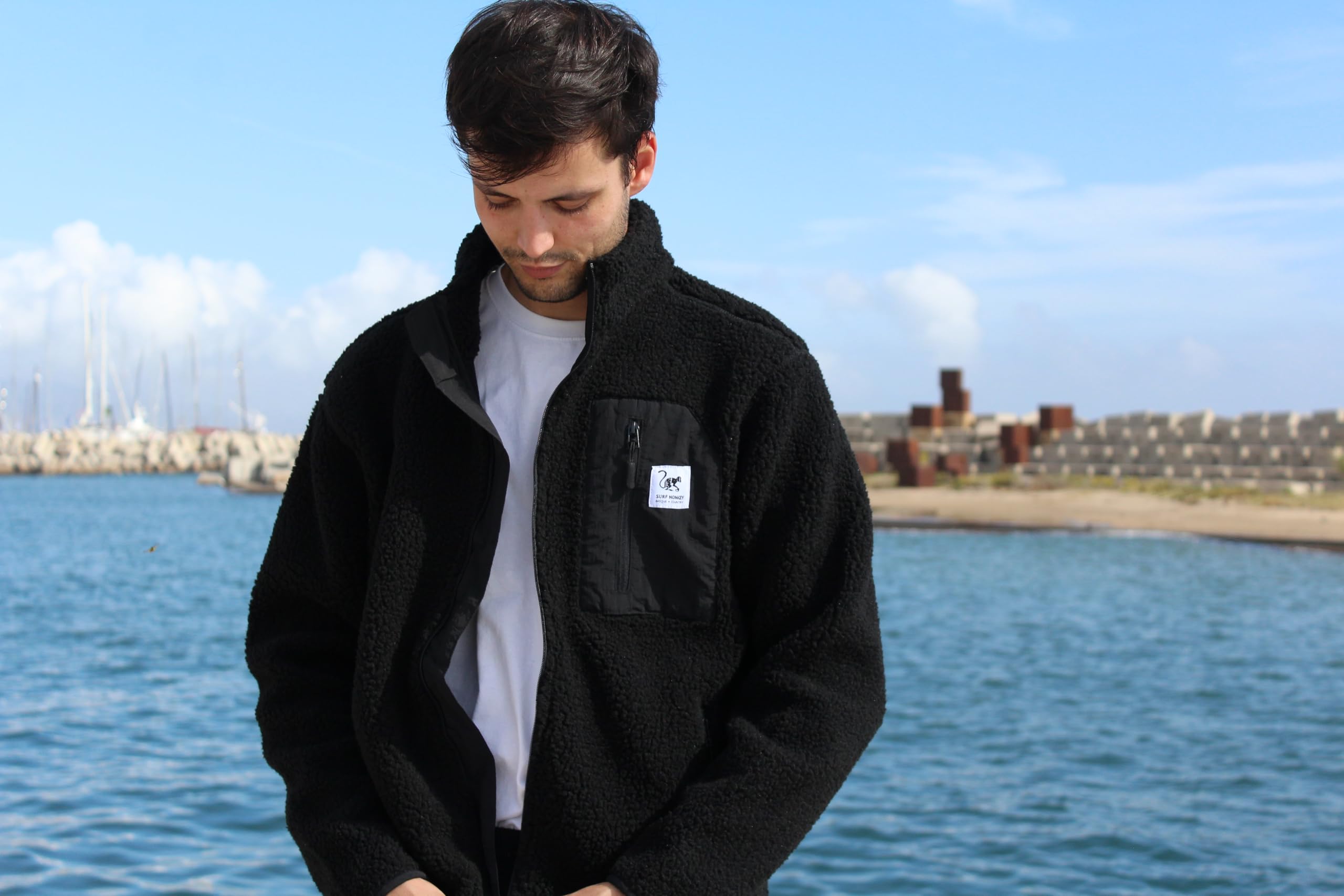 Surf Monkey Fleecejacke mit Reißverschluss, Brusttasche, langärmelig, klassische Passform, recycelt
