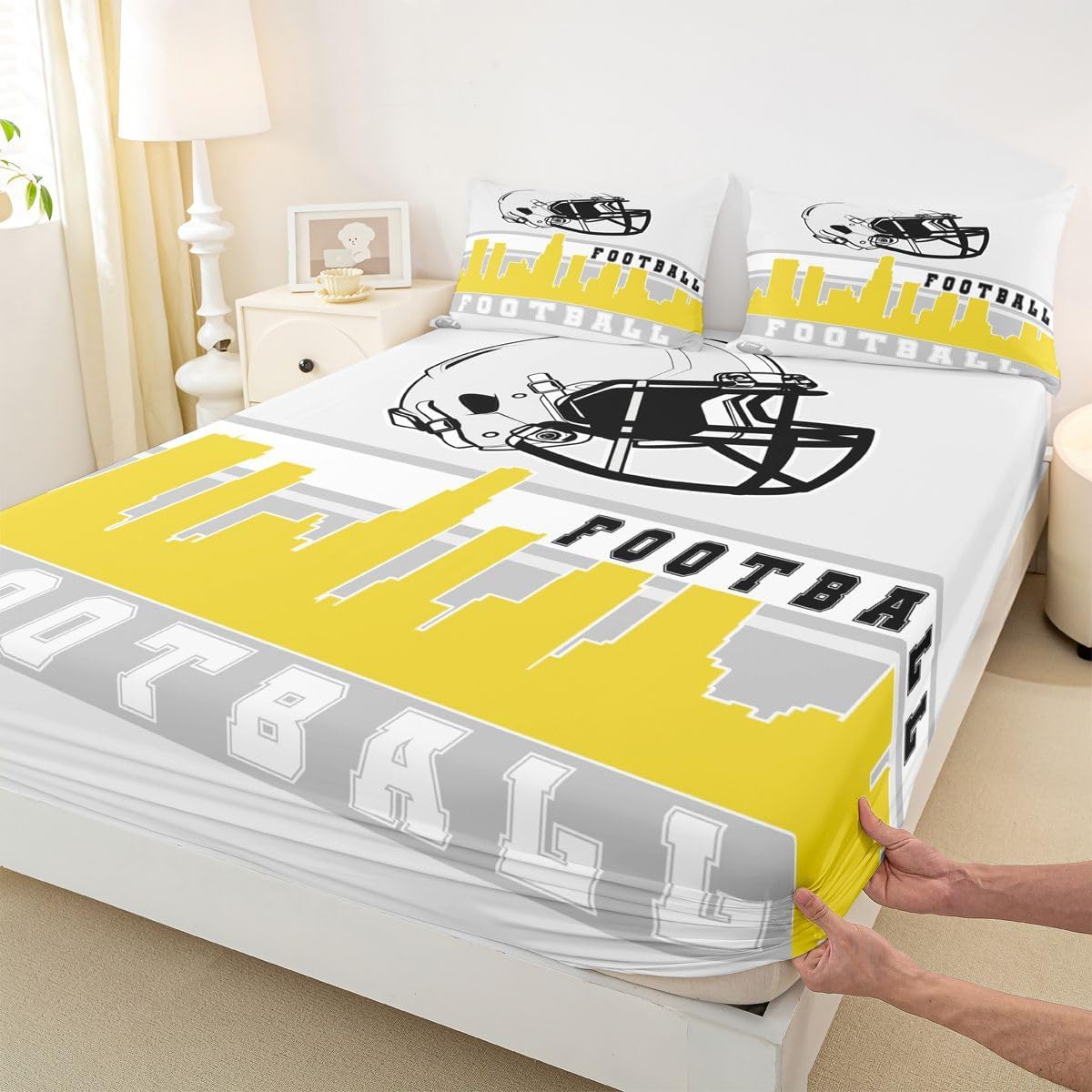 Erosebridal American Football Bed Sheets Set Twin Football City Sheet Set for Teens Grey Yellow Football Fans Sheets Rugby Game Room Decor Sports Ball Competition Flat Fitted Sheet(Los Angeles)