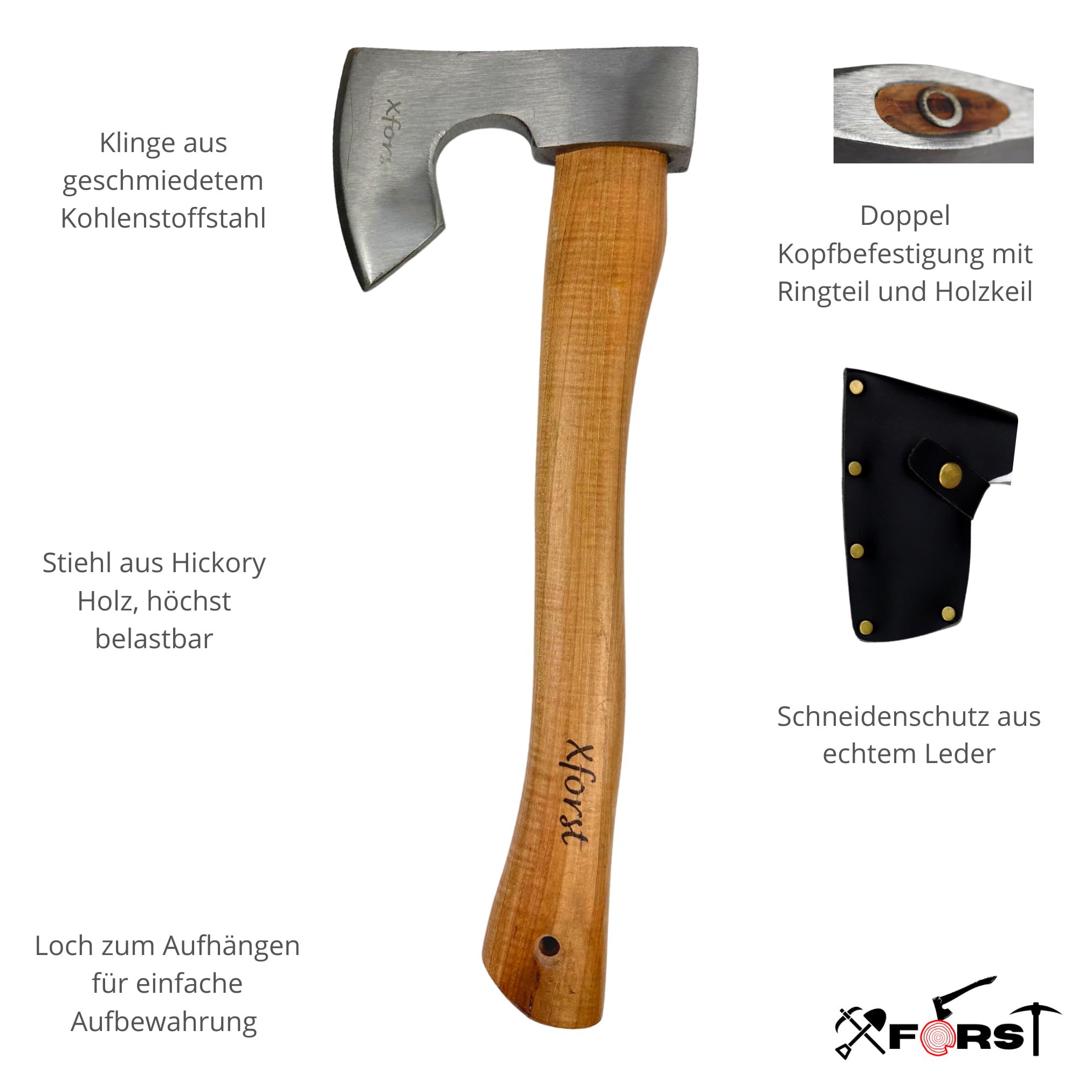 Hache Viking X-H6 de Survie 38 cm Tête Forgée Acier Carbone Manche Bois Hickory Étui Cuir Véritable Beil Bushcraft 0,86 kg
