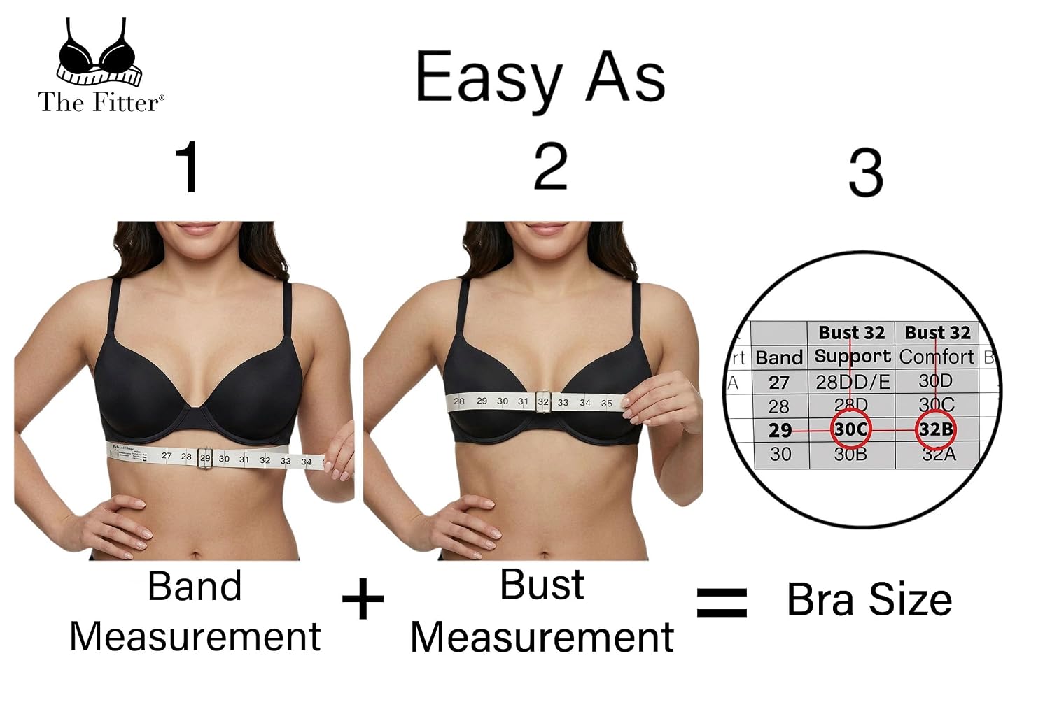 Bra Sizing Tape Measure | At-Home Lingerie Bra Fitting Tool | Wearable band simulator to test tightness of measurements on body; Includes bra style guide; Fits cup sizes 28AA-44G