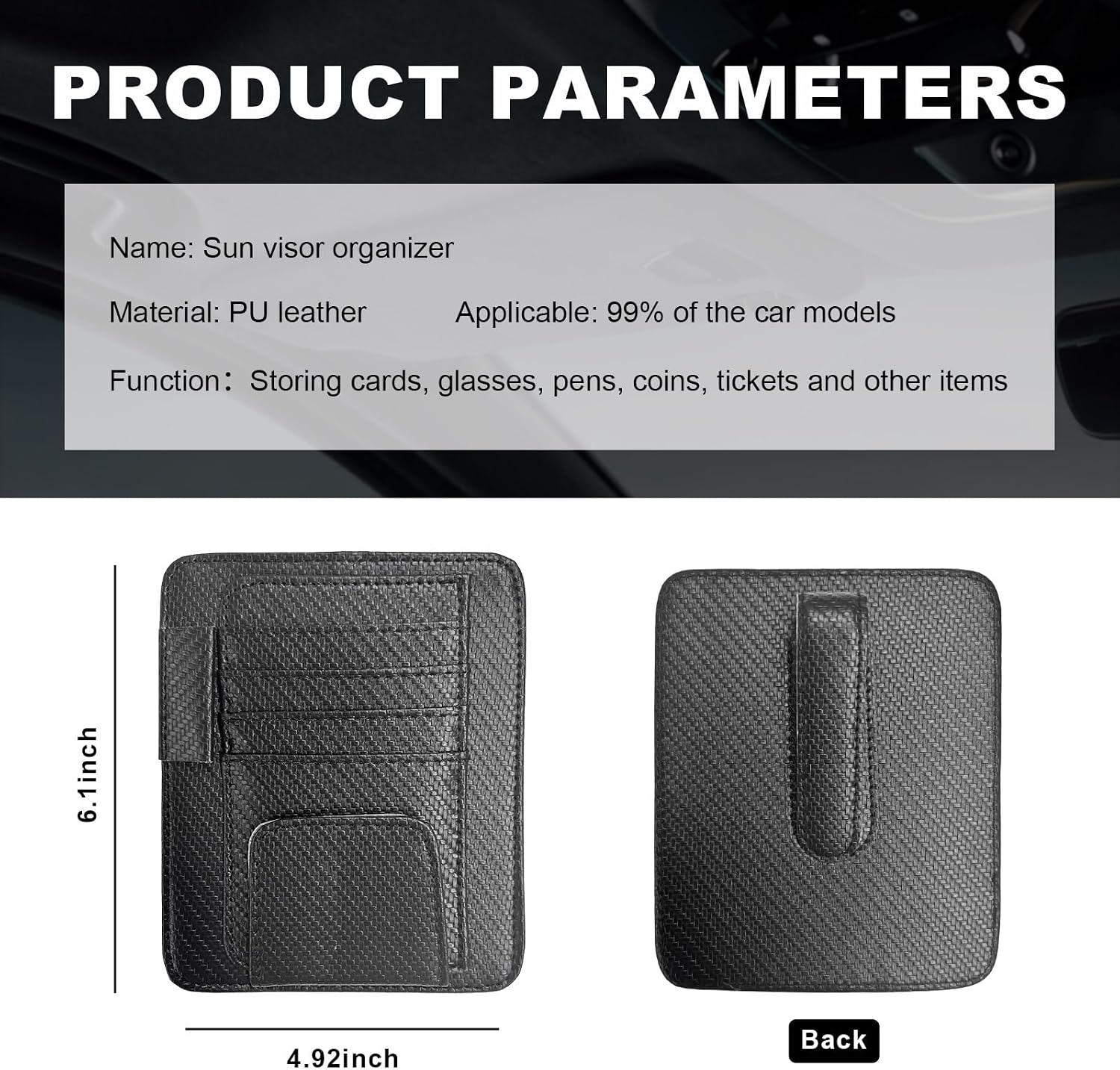 Dickno Small Leather Car Sun Visor Organizer, Multifunctional Auto Visor Document Holder with Sunglasses Clip, Universal Car Interior Organizer for Driving License, Card, Pen (Carbon Fiber Black) image 2