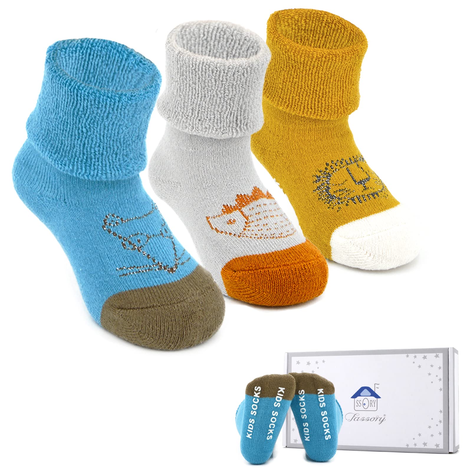 Fassory 3 Pairs Roll Up Warm Grip Socks Gift Set for 0-5 Years Infant Baby Toddler Kids Cute Anti-Slip Winter Cozy Cotton Socks for Children Boys Girls (as8, age, 6_months, 12_months, Animal B)