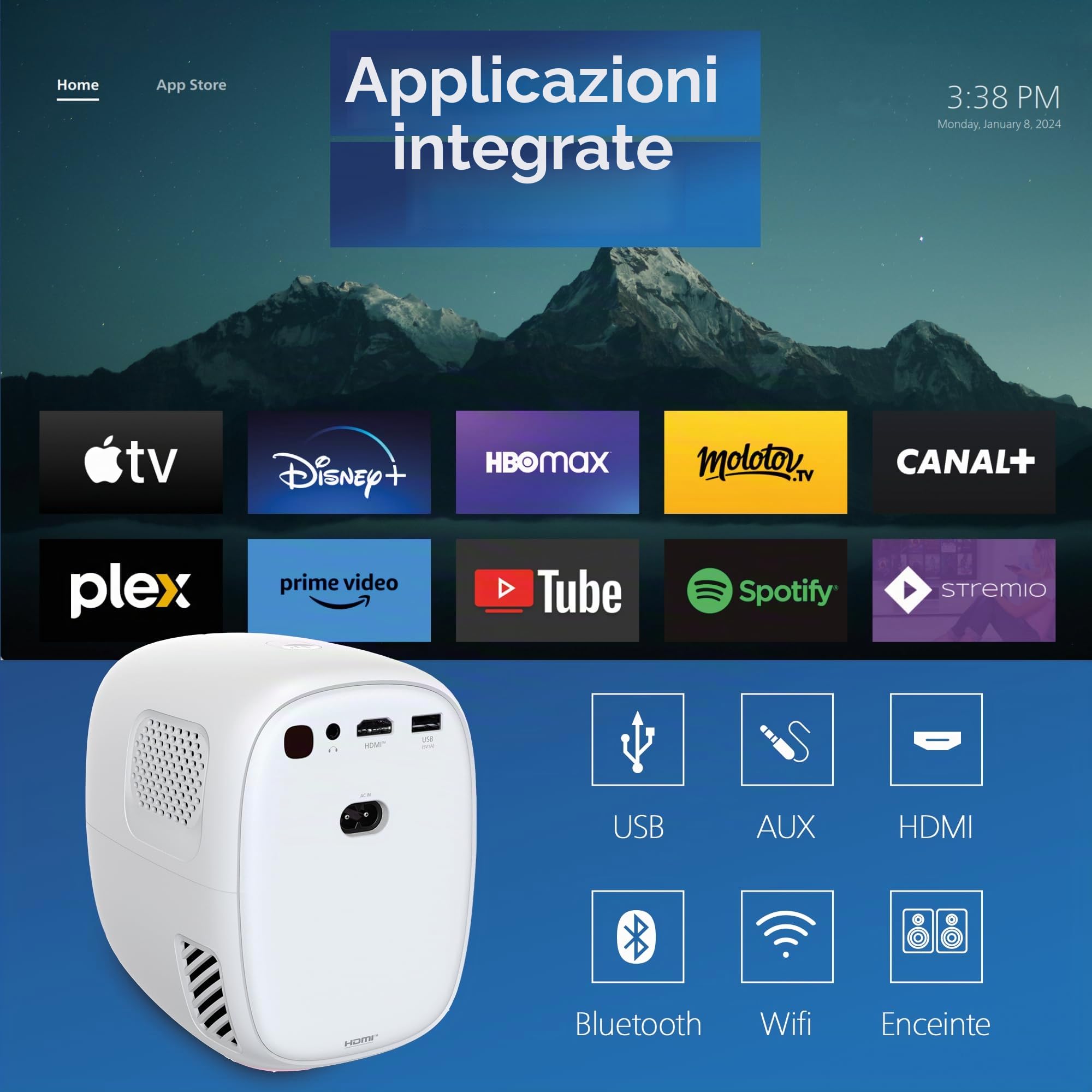Philips, Neopix 130, Proiettore Home Theatre, Correzione avanzata delle immagini, Full HD 720p, LED, Modalità Specchio Wi-FI, Audio Stereo, Sistema operativo collegato, Blanco