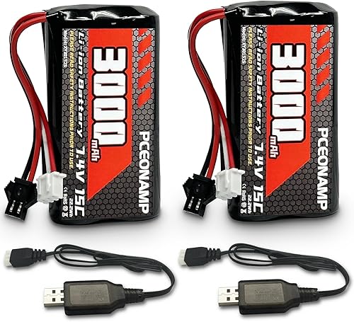 Miniatura 1 de PCEONAMP Batería de iones de litio de 7.4 V 3000 mAh 2S con enchufe SM-2P recargable de alta capacidad RC batería apta para MN D9091, MN 9999s RC