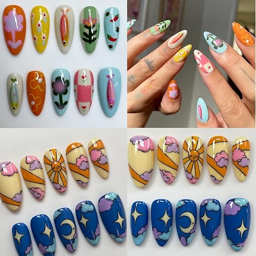 Almond Press on Nails 1 Box 2 Patterns 48 Pcs Cute Nails RIICFDD Medium Length Fake Nails Cartoon False Nail Sets with Moon Sun Cloud Flower & Fish Pattern Designs Glossy Acrylic Nails for Women Girls - Style 12
