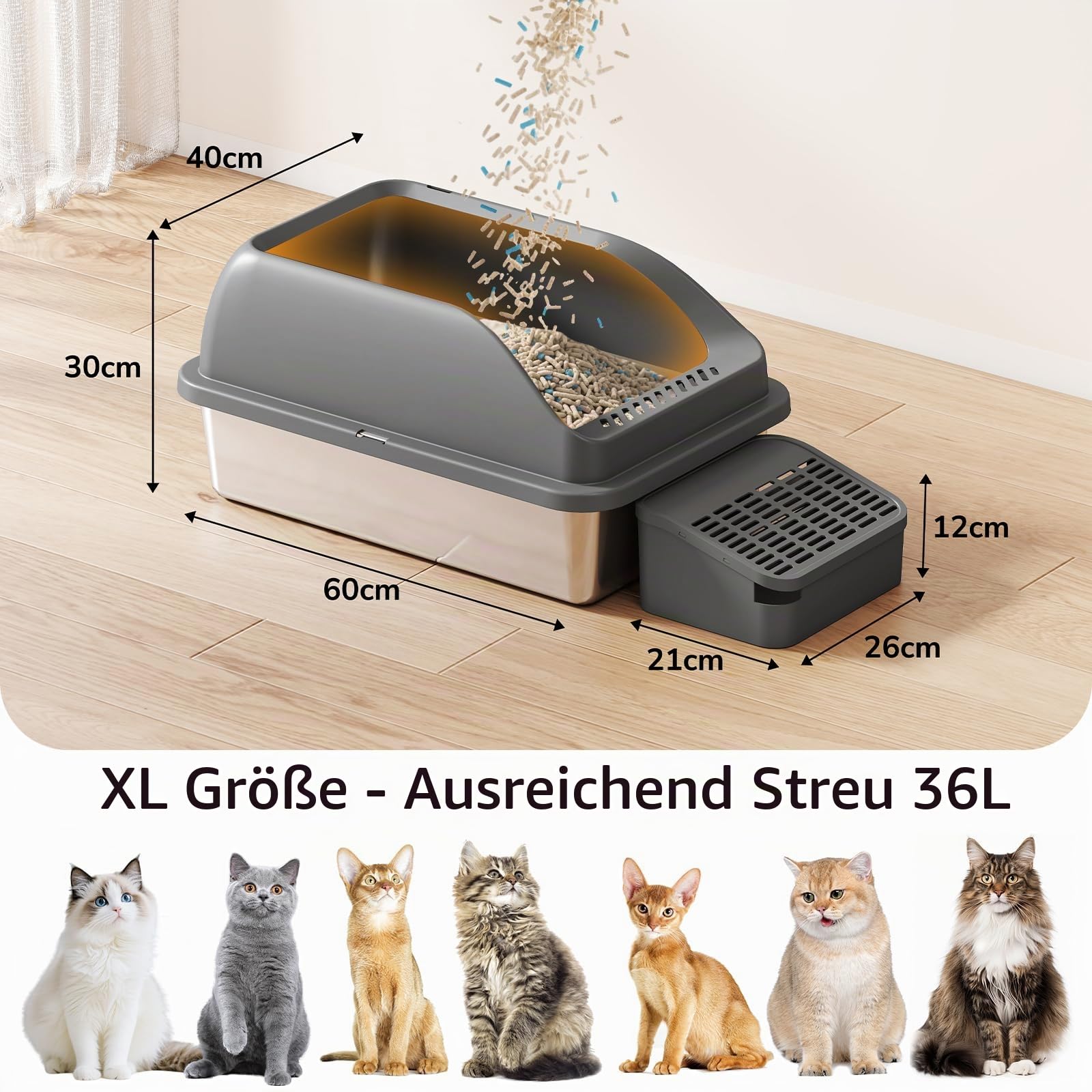 Zivacate Katzenklo aus Edelstahl (XL, 60×40cm Groß) – Katzentoilette