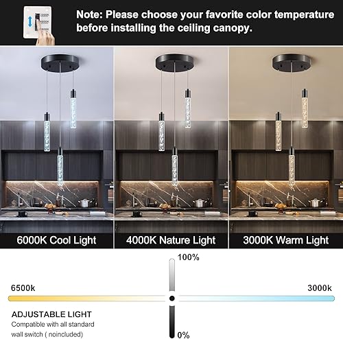 Miniatura 2 de 3 luces colgantes negras modernas para isla de cocina con altura ajustable, luces de isla cilíndrica transparentes, 3000-6000 K, iluminación