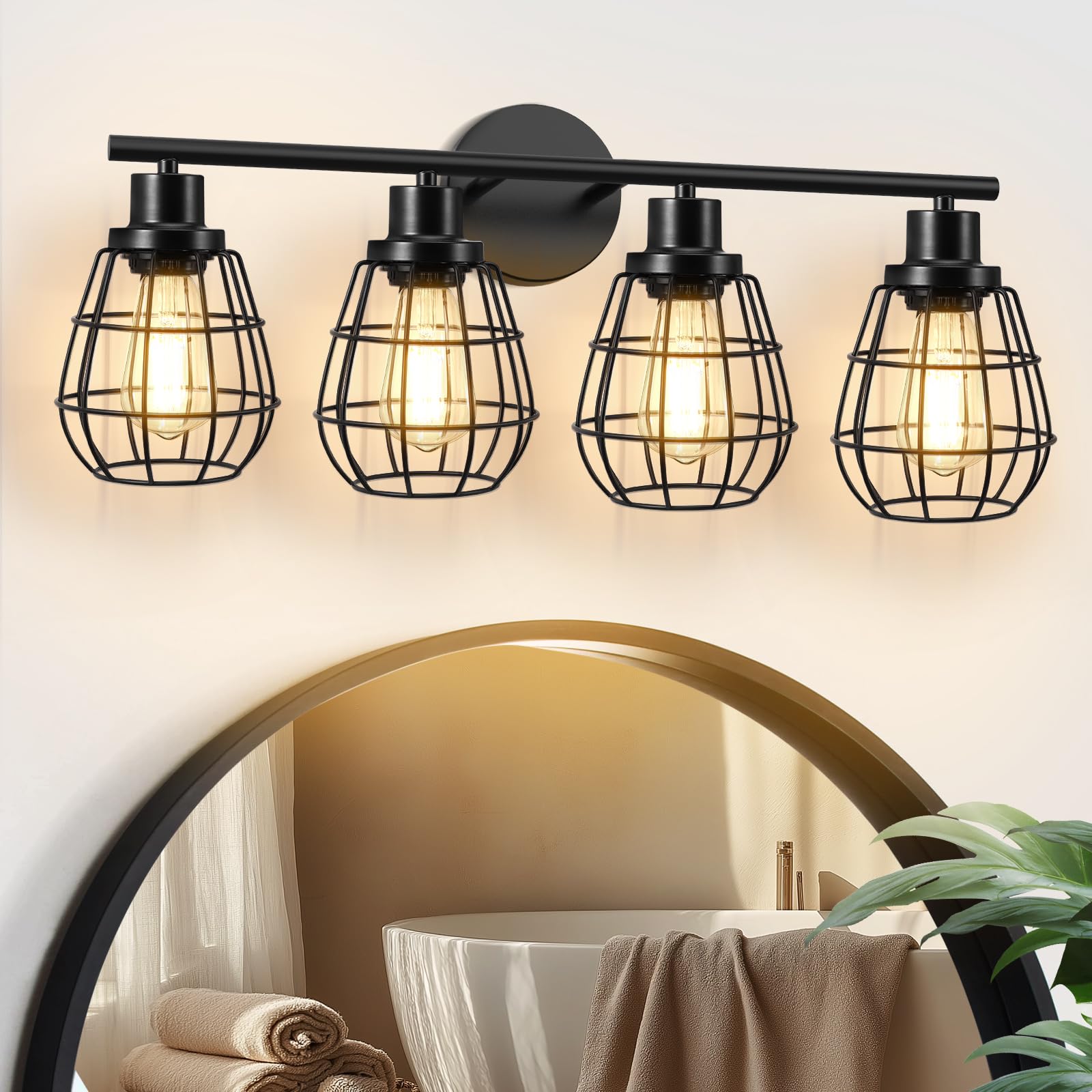 IZORRO Farmhouse Bathroom Light Fixtures Over Mirror, 4-Light Matte Black Bathroom Vanity Light with Metal Cage Shade, Rustic Industrial Wall Sconces for Living Room Bedroom (Bulbs Excluded) “MAYBE DAMAGED