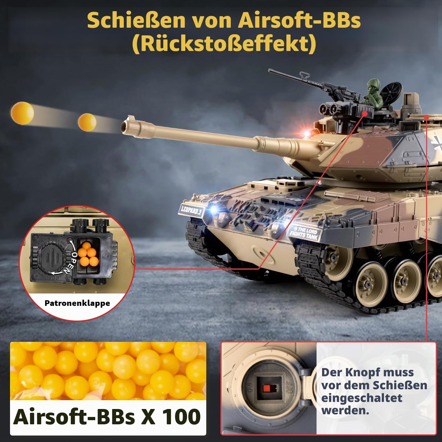 RC Panzer 1:18 Leopard 2, 2.4GHz Ferngesteuert Panzer, Modell Spielzeug mit Schussfunktion, Ferngesteuert 15 Kanal Kampfpanzer Modell, RC Spielzeug der BBs Abfeuern Kann, Für Erwachsene und Kinder