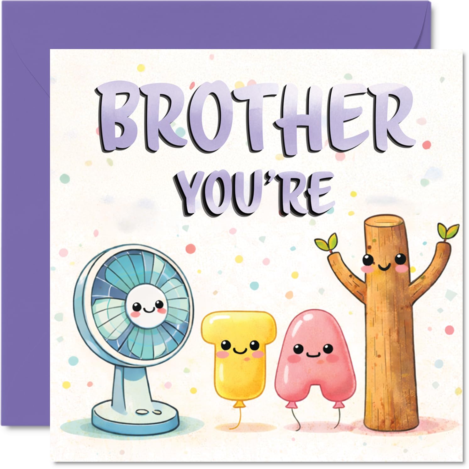 Playful Birthday Card for Brother - Bursting with Birthday Cheer - Cute Cartoon Characters in Pastel Purple - Sure to Put a Big Grin on His Face - 145mm Square, Envelope Included