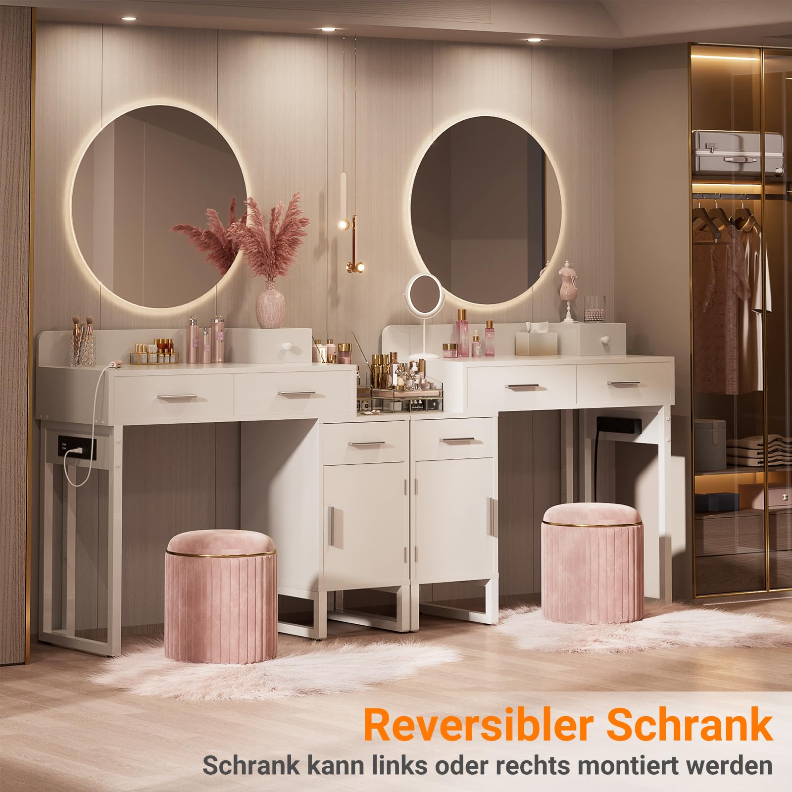 iSunirm Schminktisch ohne Spiegel, Kleiner Kosmetiktisch Weiß mit Steckdosen & 2 USB-Ports, Frisiertisch mit 4 Schubladen und reversiblem Seitenschrank, Vanity Desk/Schreibtisch für Schlafzimmer