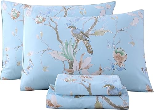Miniatura 10 de RYNGHIPY Juego de sábanas de flores y pájaros, tamaño Queen, sábanas de algodón egipcio floral botánico, sábanas shabby chic con fundas de almohada,