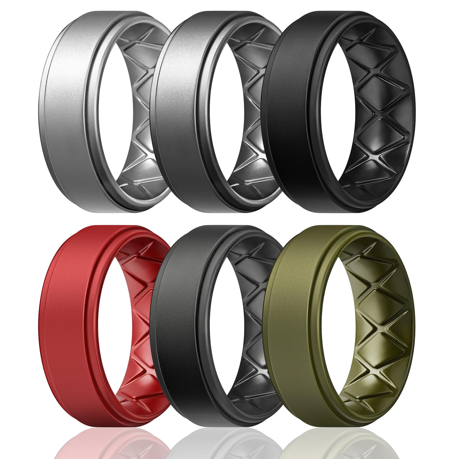 Egnaro Men's Wedding Rings 8mm Wide 2mm Thick Rubber Bands, Breathable and Flexible Step Edge Ring, Variety Multipack 1-7 For Gym Workout Travel Daily Wear