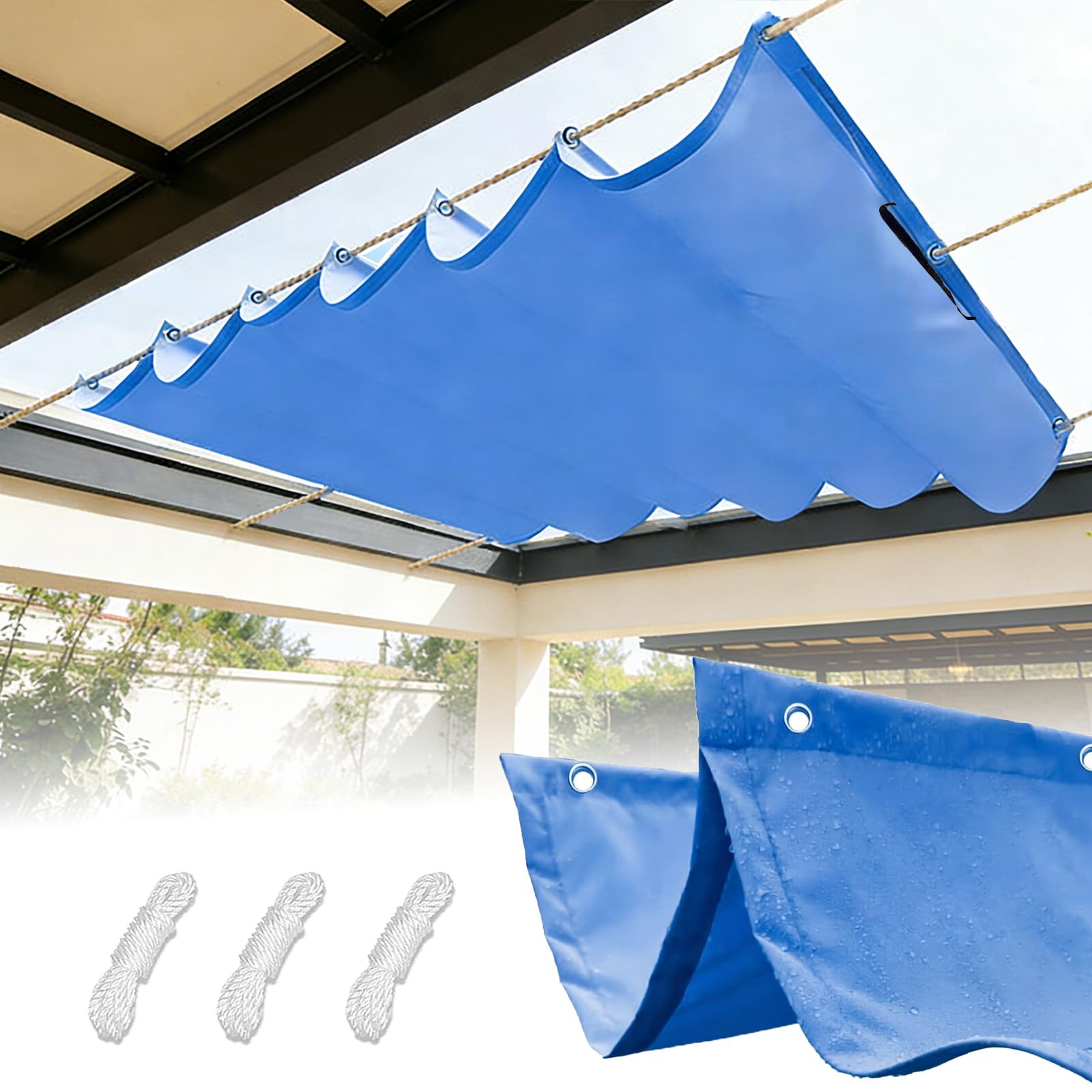 Retractable Wave Sun Shade Sail with Eyelets and Rope, Waterproof Rectangle Garden Canopy, Uv Block Tearproof Patio Awning for Outdoor-Royal Blue‌||80x450cm(31x177in)