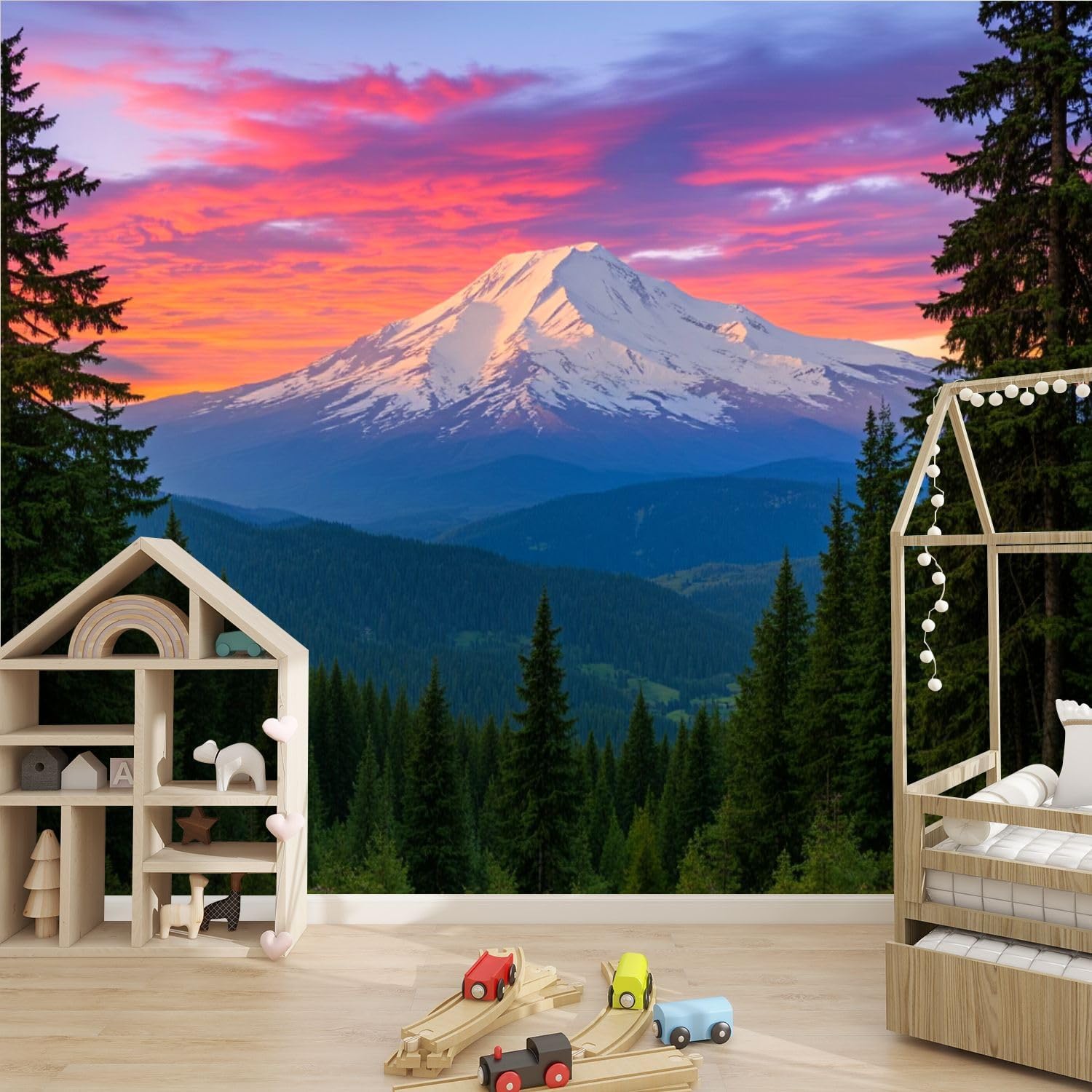 Forest Peel and Stick Wallpaper Wall Mural Majestic Mount Shasta Sunset Surrounded by Evergreen Forests Self Adhesive Accent 3D Wallpaper for Laundry Room Dining Room Boho Decorative Wall Decals