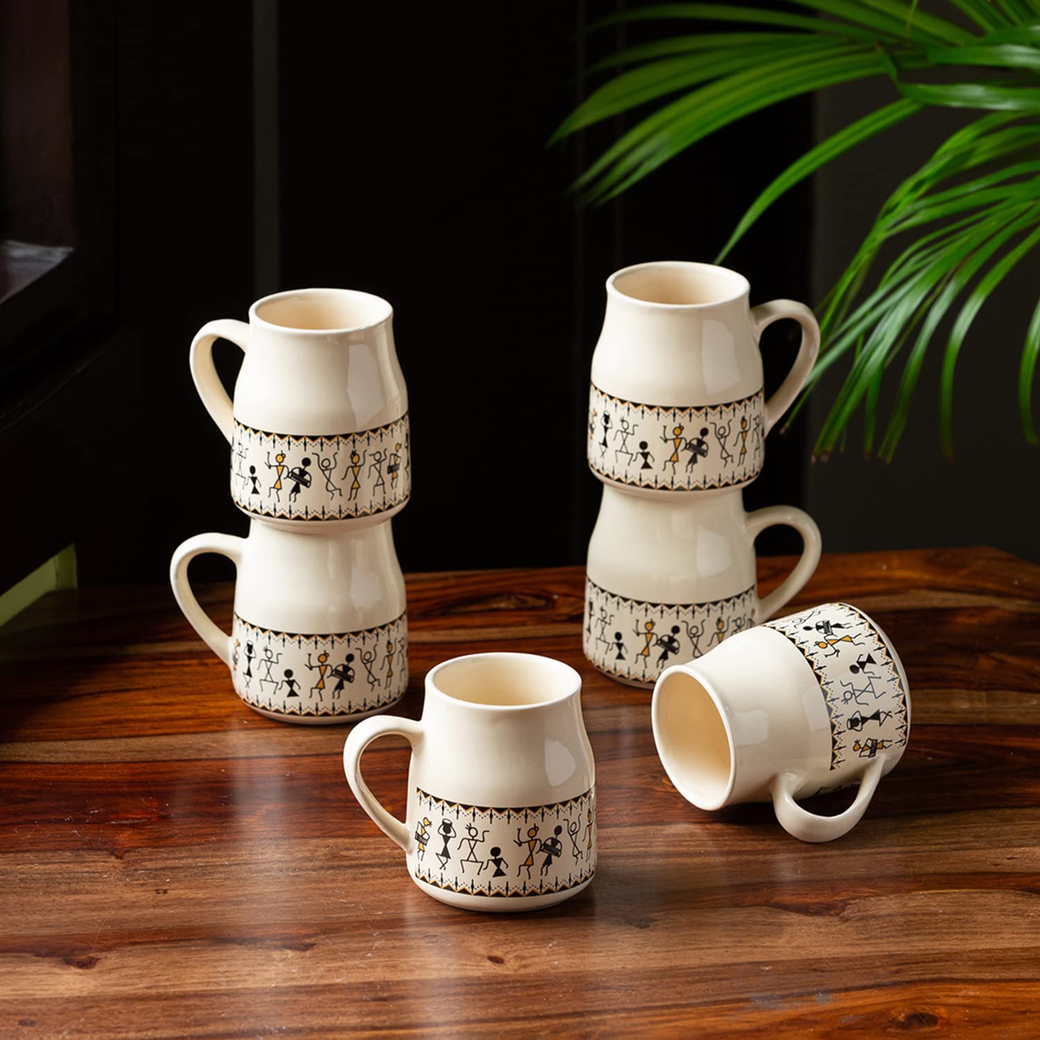 Sponsored Ad - ExclusiveLane 'Warli Village Tales' Ceramic Tea Cups Set of 6 for Tea Cups Ceramic (140 ml, Microwave Safe, Dishwasher Safe, Beige)| Coffee Cup Set Ceramic Cups Set of 6 Tea Cup Ceramic Drinkware
