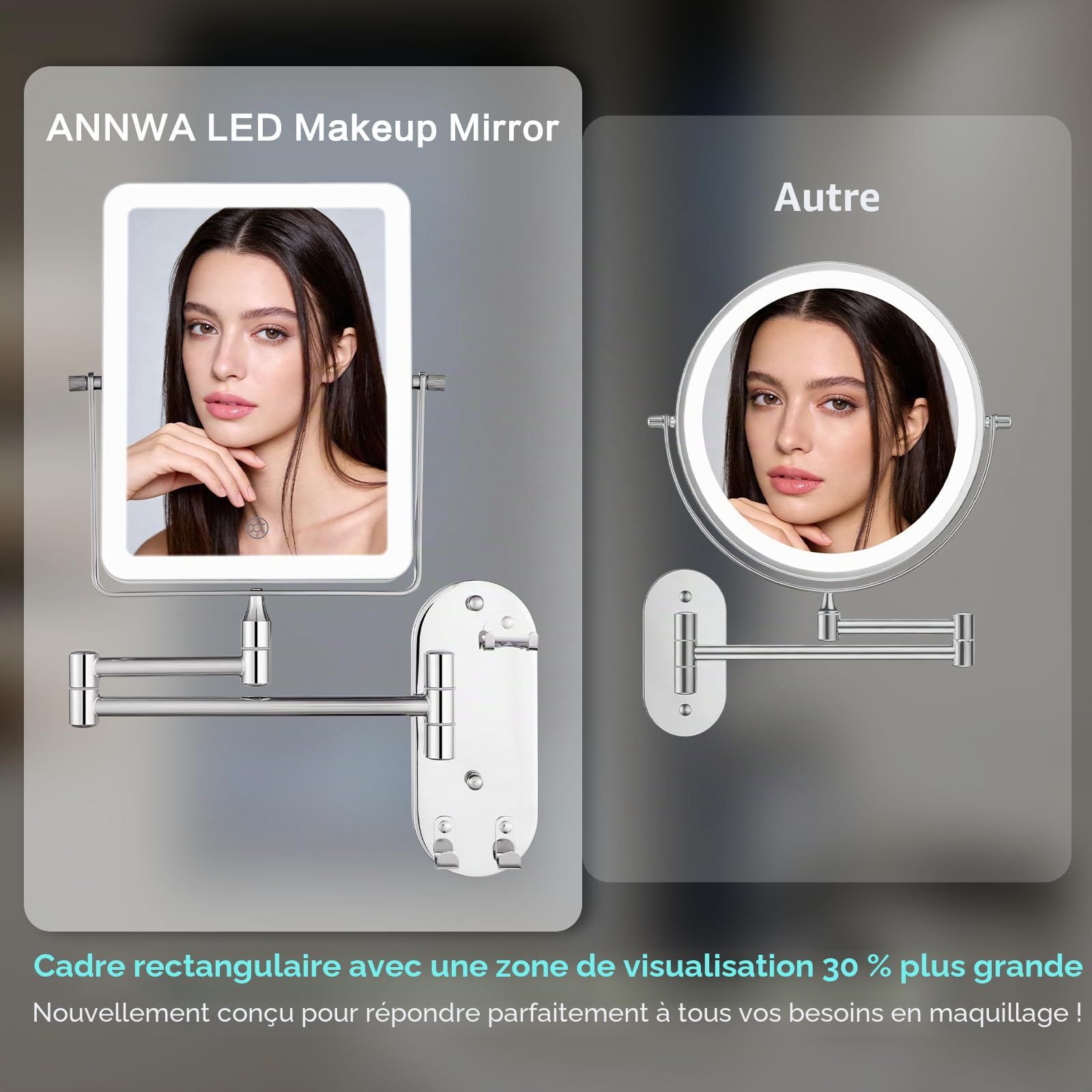 Miroir Maquillage Lumineux Rechargeable, Miroir Salle de Bain avec Éclairage 3 Couleurs, Miroir LED Grossissant 7X Mural, Rotatif à 360° et Extensible(AMZ-NHZJ2323-EU)