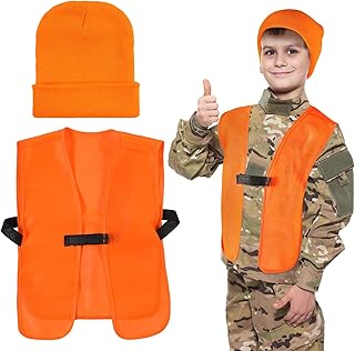 Kids Blaze Orange Hunting Vest and Knit Cap Set Includes Classic Vest and Cap 6-13 Years Hunting Vest and Winter Knit Kids Hat Orange Beanie for Youth Boys Girls Outdoor Hunting Hiking