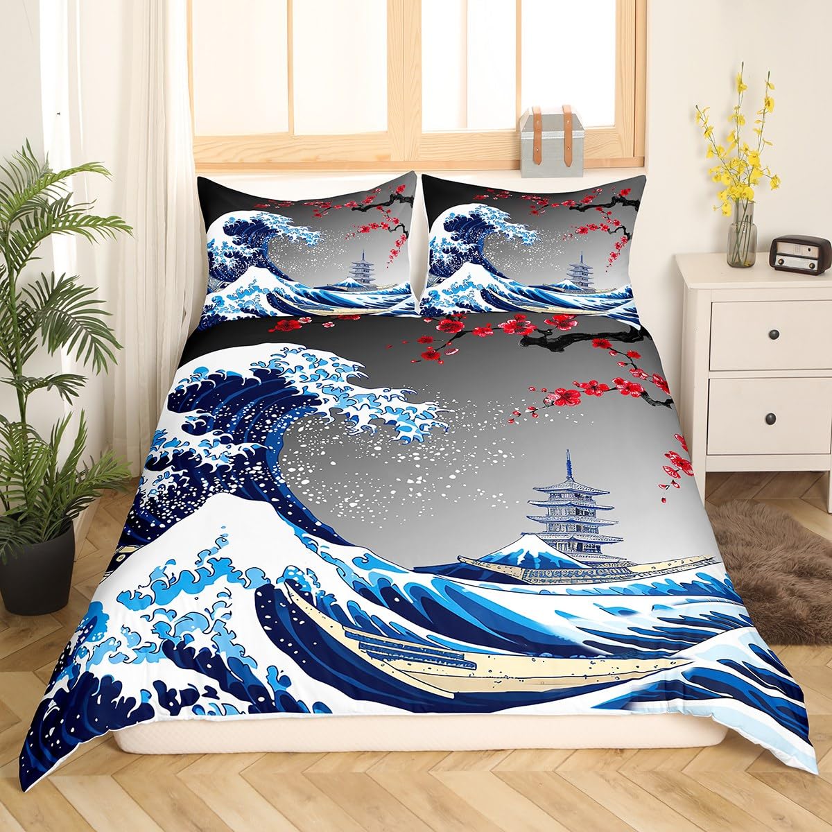 Housse de couette vagues ukiyoe au design de bâtiment historique japonais