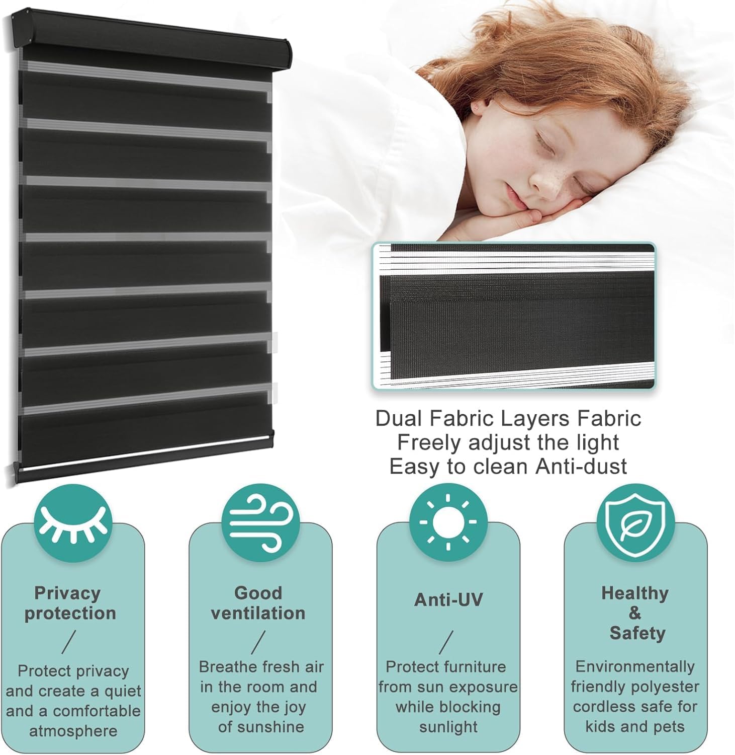 MYshade Cordless Zebra Blinds with Free-Stop Function - Dual Layer Light Filtering & Privacy Sheer Shades for Day and Night - Easy Install Window Shades for Home, Living Room, 34.5" W*72" H,Black