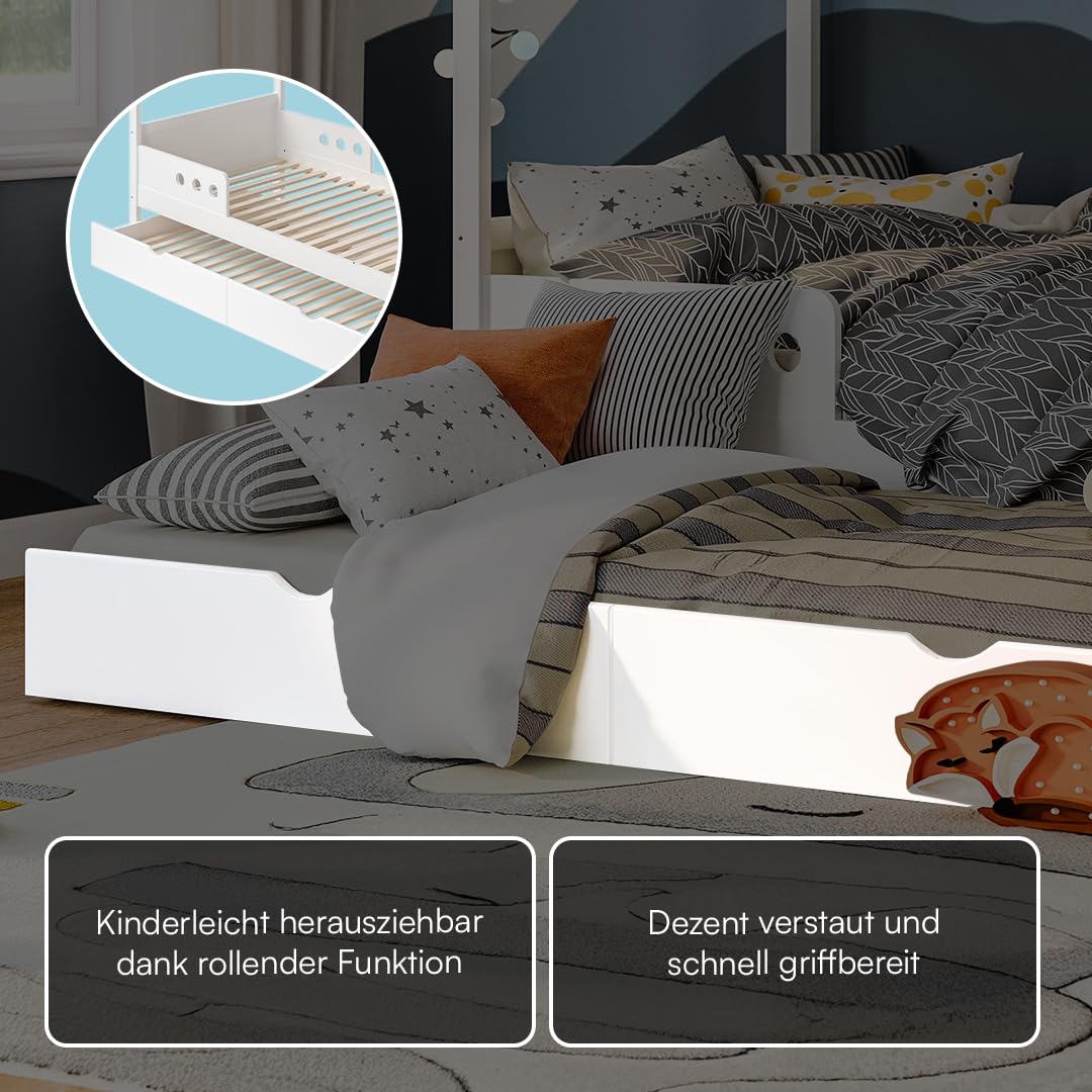 Bellabino Bela Kinderbett 90x200 cm – Hausbett mit Rausfallschutz & Lattenrost – Kinder Bett mit Gästebett für Jungen und Mädchen – Montessori Kinderhausbett aus Kiefer Holz in Weiß