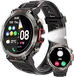 Smartwatch militar masculino com lanterna LED Smartwatch à prova d'água 3ATM robusto de 1,45 pol. com Faz e Recebe Ligações, Modos Esportivos e Recebimento de Notificações