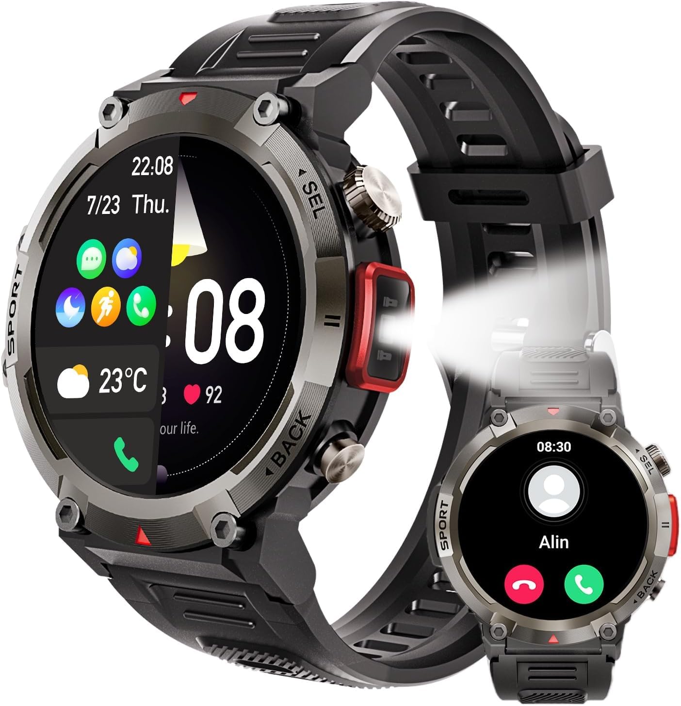 Smartwatch militar masculino com lanterna LED Smartwatch à prova d'água 3ATM robusto de 1,45 pol. com Faz e Recebe Ligações, Modos Esportivos e Recebimento de Notificações