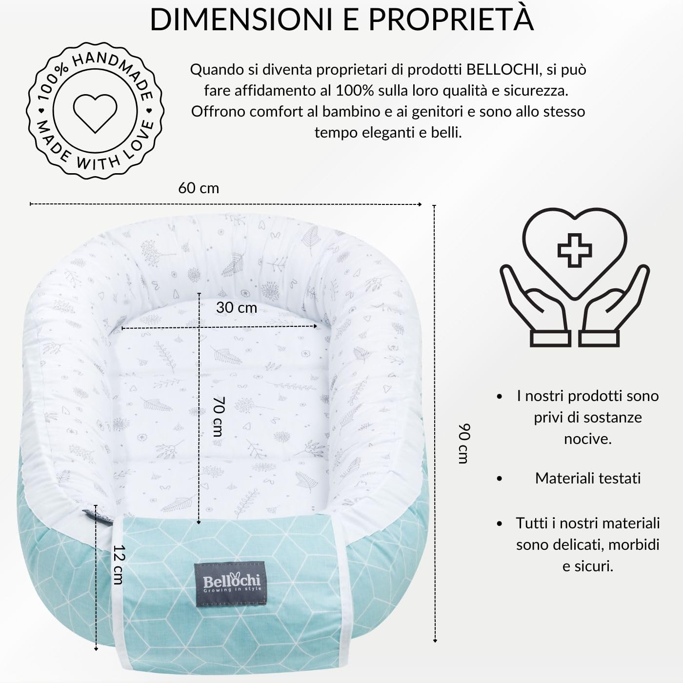 Bellochi Riduttore Lettino per Neonato, Riduttore per Culla - Antisoffoco, 100% Cotone - Cuscino Riduttore, Cocoon a Baby, Baby Nest - 90 x 60 cm - Fresh