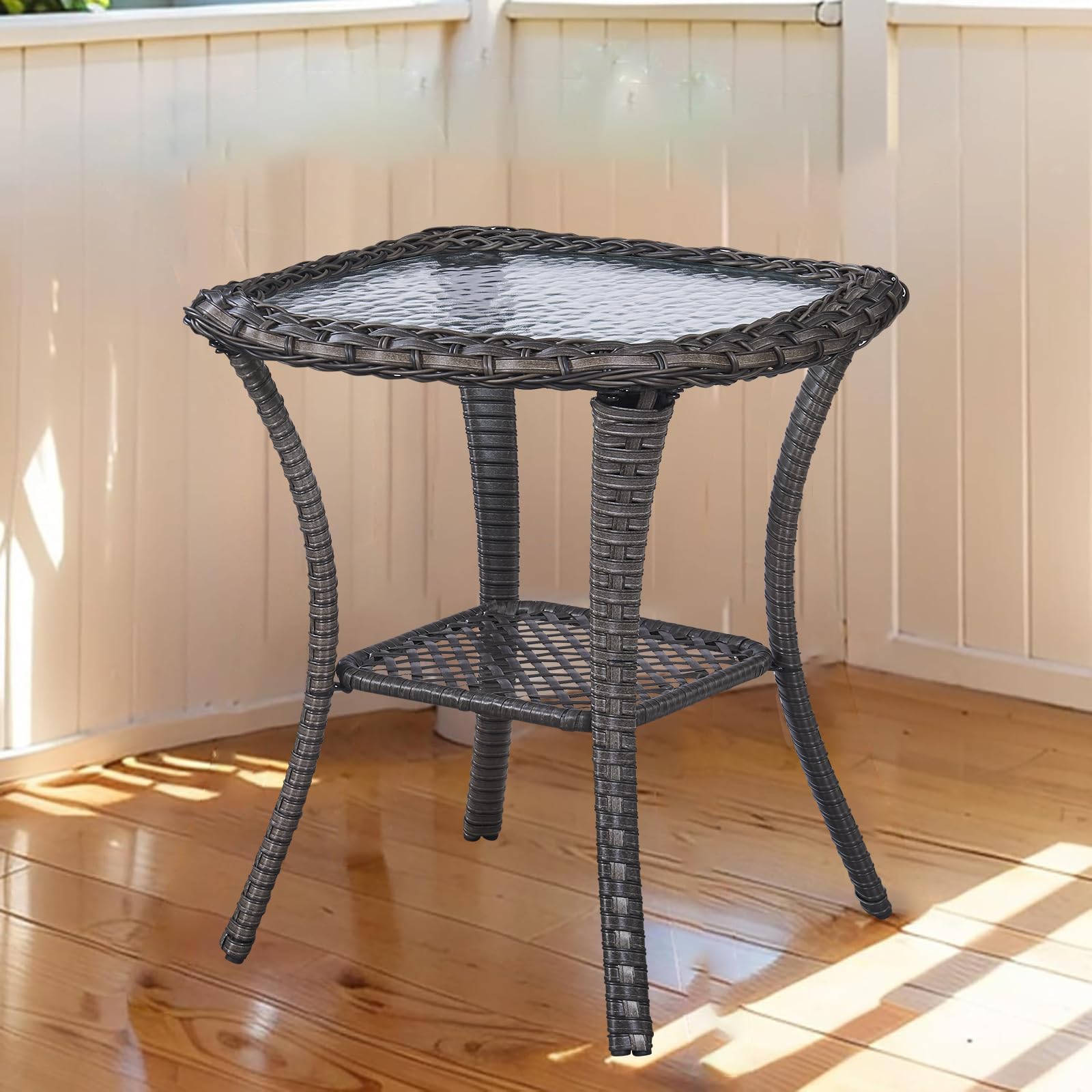 moosprr Outdoor Side Tables for Patio, Wicker/Rattan End Tables, Outdoor Wicker Side Table, Grey Rattan Glass Top Patio Side Table