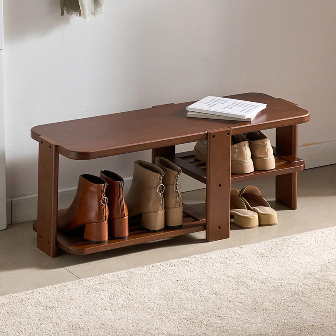 Banc porte-chaussures de style campagnard avec étagère, banc d'entrée avec rangement pour chaussures, pouf de rangement pour entrée, pour couloir, porte d'entrée, salon, chambre (82 * 32 * 33 cm / 3