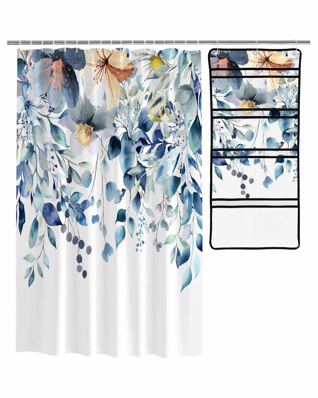 Decorative Shower Curtain Sets Blue Eucalyptus Leaves Fabric Waterproof Shower Curtains Vintage Farmhouse Floral Plants White Mesh Shower