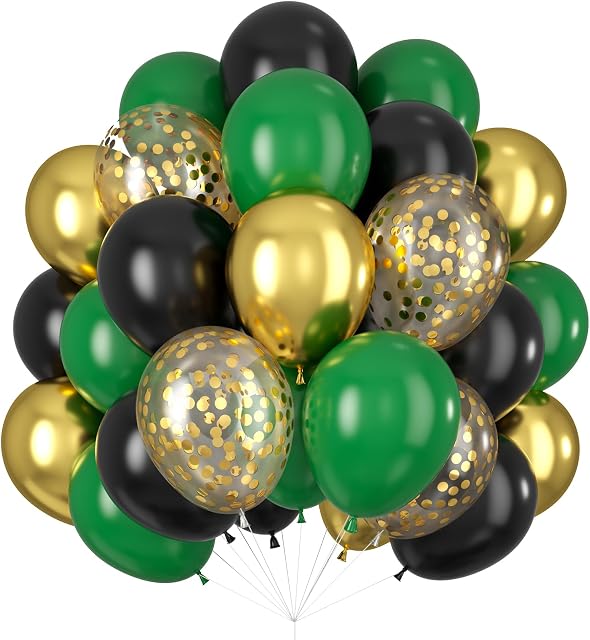 Black Gold Green Balloons 60PCS 12INCH Dark Green Metallic Chrome Gold Confetti Balloon Green Gold Black Latex Helium Balloons for Tropical Wild Theme Jungle Birthday Party Decoration Graduation