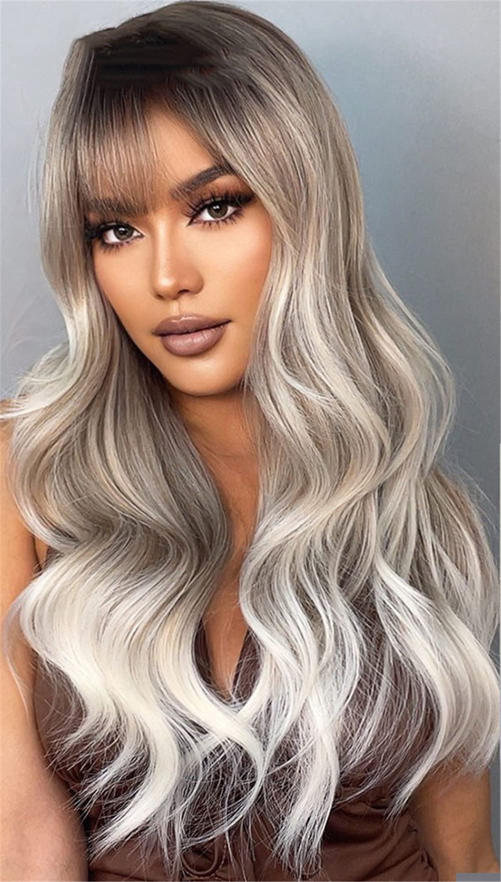 Vsadsau Ombre Gray Ash Wavy Wigs With Bang Daily Party Heat Resistant Fiber Light Blonde Platinum Synthetic Long Hair For Women Wig-LC049-1