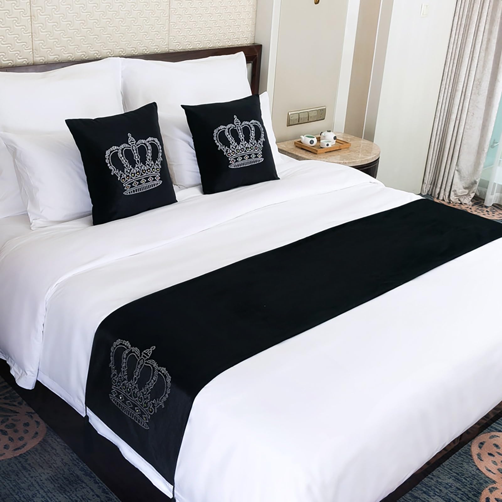 LRUPVEG Bed Runner For Foot Of Bed, European Style Precision Velvet Crown Hot Diamond Bed Flag Hotel Bedroom Bed End Scarf Towel Bed Cover(Black,45 * 240cm for 180cm bed)