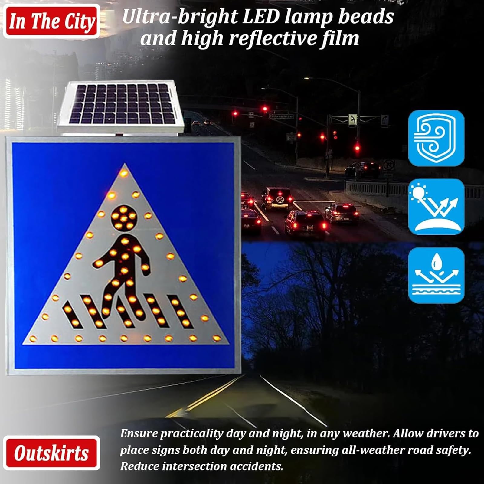 Señal LED intermitente de paso de peatones con energía solar, advertencia de peatones de alto brillo, impermeable y fácil instalación para seguridad vial