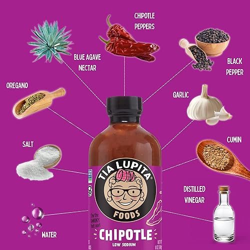 Miniatura 4 de Tia Lupita Chipotle - Salsa picante de 8 onzas (paquete de 2) especias medianas con sabor dulce ahumado, sin gluten, sin OMG, sin azúcar, baja en