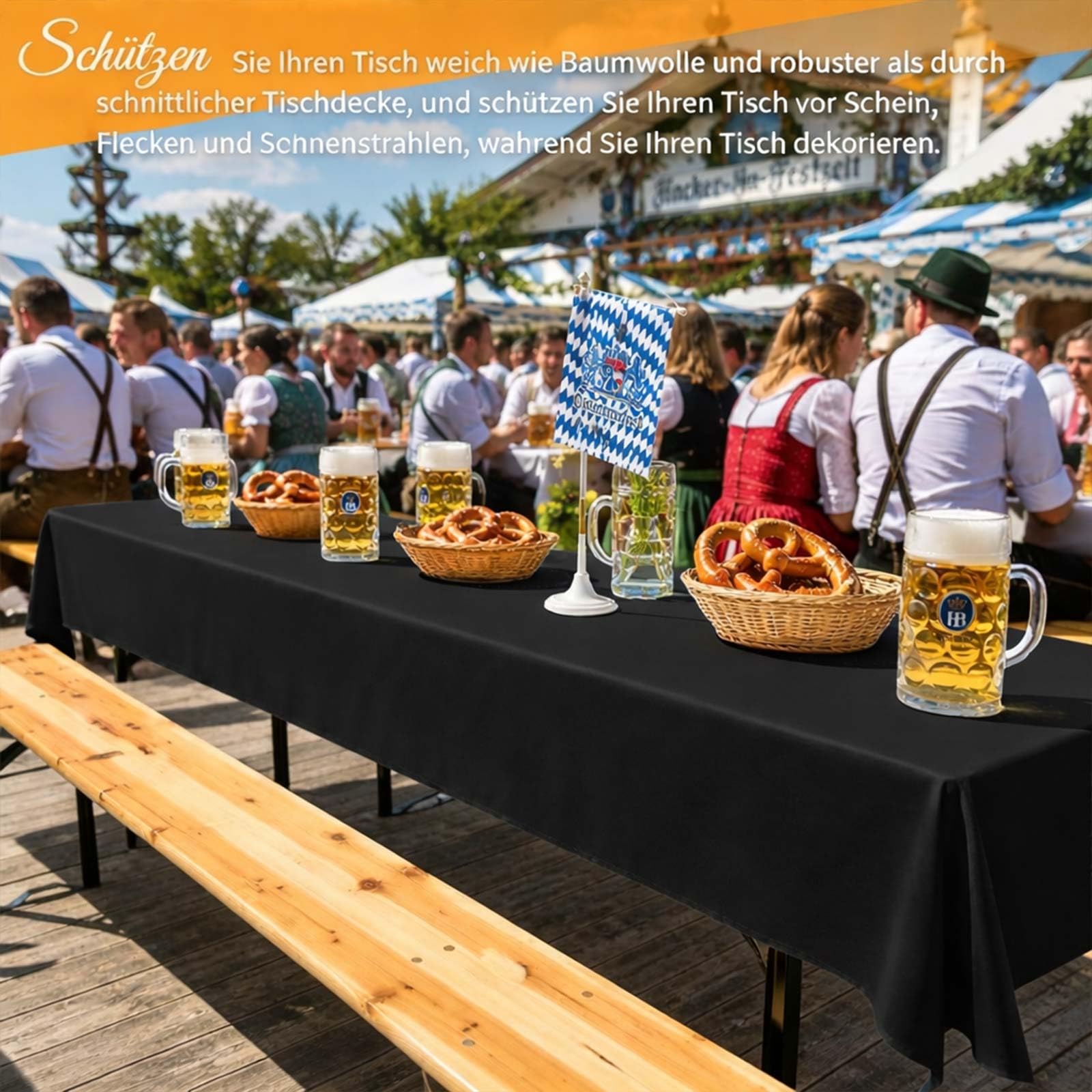 Pesonlook 6 tovaglie nere da birra, 120 g/m², 250 x 100 cm | Tovaglia universale per tavoli da birra da 50 cm e 70 cm, lavabile, rettangolare, per feste, banchetti all'aperto