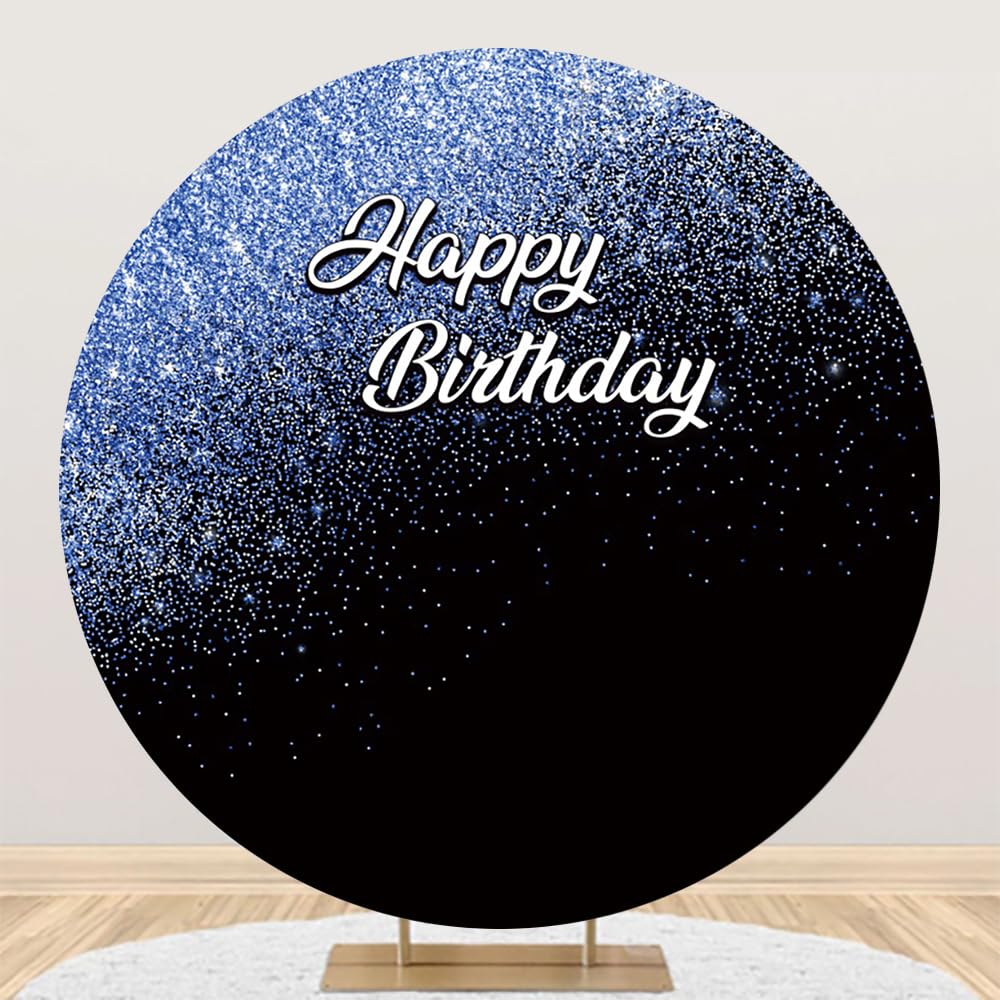 Diametro 2,3m Blu Glitter Punti Sfondo Rotondo per Felice Compleanno Ragazzi Ragazze Bat Mitzvah Sfondo Nero 1 ° 2 ° Festa di Compleanno Baby Shower Photo Booth Props, Poliestere
