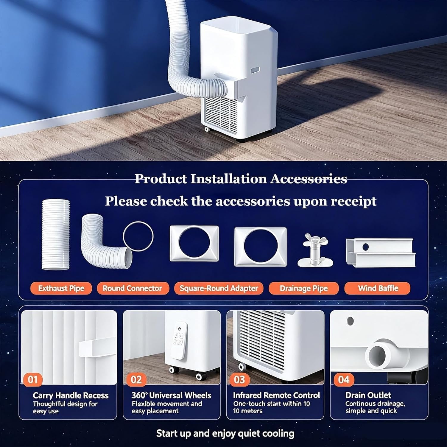 Aire Acondicionado Portátil Sin Unidad Exterior 12000 BTU Enfriador Potente con Ruedas y Mando a Distancia Equipo de Climatización Desmontable Bajo Ruido para O, 12000btu