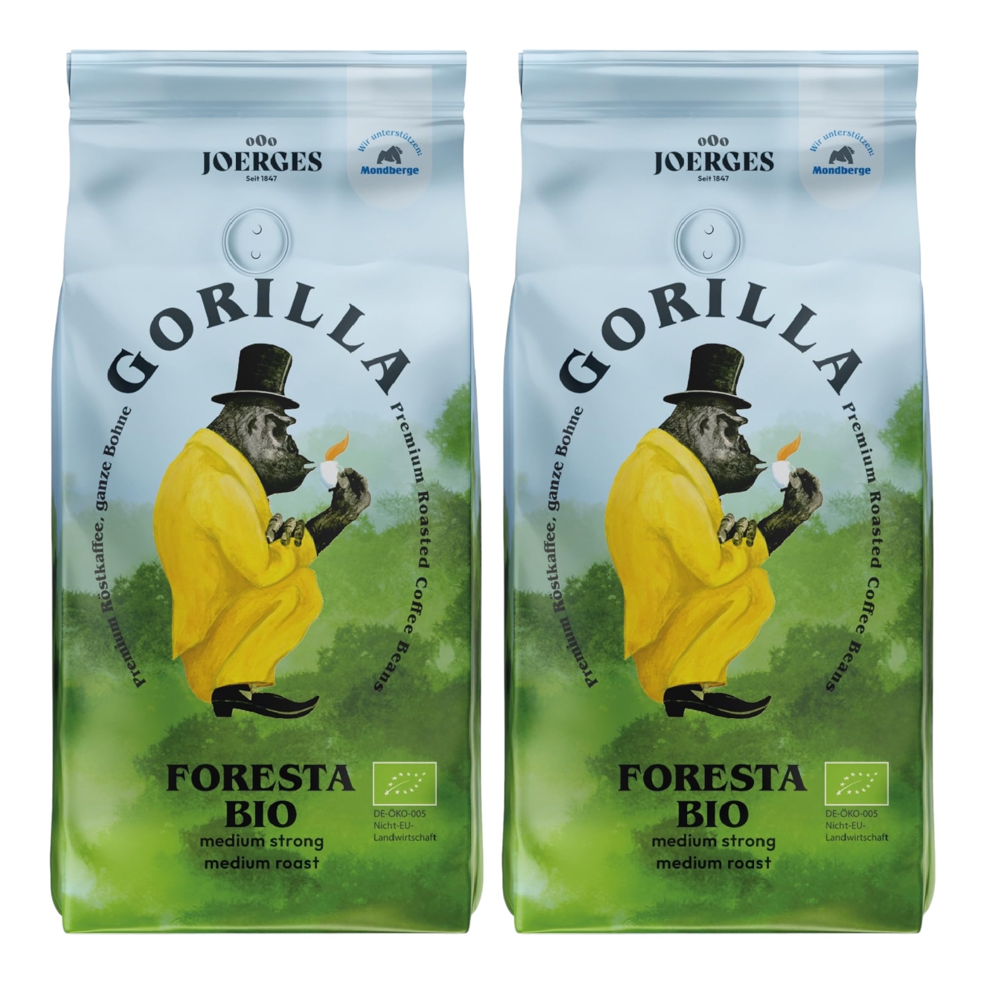 Joerges Gorilla Foresta Kaffee 2x 1kg geröstete ganze Bohnen Doppelpack | Arabica Blend Ganze Bohne | Siebträger Vollautomat | Espresso-Kaffee