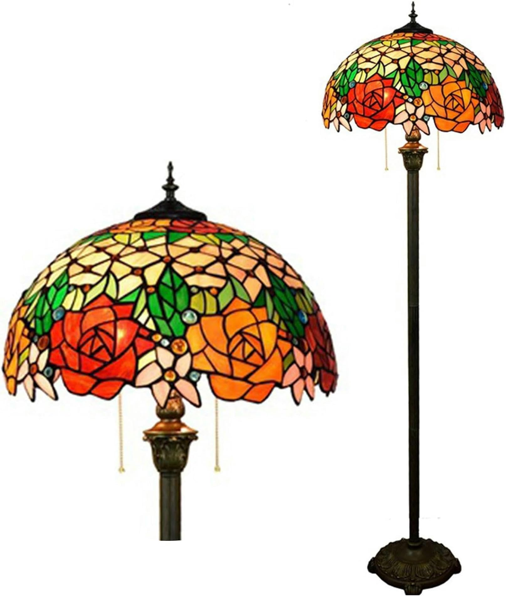 IUokLU Tiffany Floor Lamp Stained Glass Standing Reading Light 16X16X64 Inch Traditional Art Nouveau Style Rose Tulip Wisteria Dragonfly Cherry Blossom Lamp Antique Pole Corner Lamp,Wisteria (Rose)