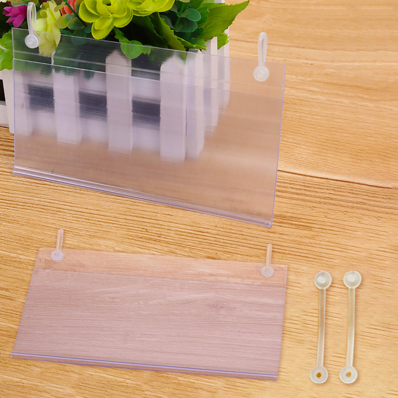 Etikettenhalter für Drahtregale, 10,2 x 5,8 cm, transparenter Preisschild-Halter für Draht-Kunststoffregale mit doppeltem Schnappverschluss, wiederverwendbare Korb-Etikettenhalter für Einzelhandel und