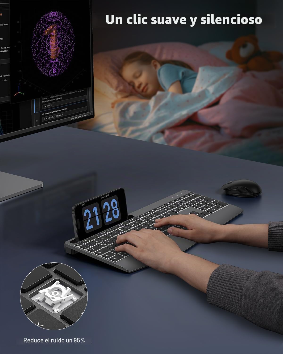 TECURS Teclado francés AZERTY inalámbrico ergonómico con reposamuñecas, 2,4 G inalámbrico Teclado silencioso Recargable, retroiluminado, Teclado para Ordenador para Windows