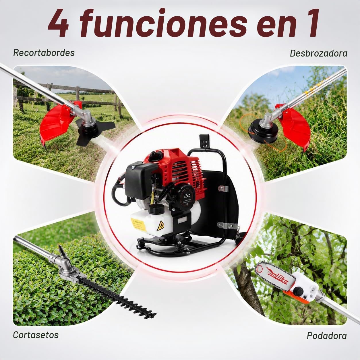 Desbrozadora Gasolina 4 en 1, 52cc Cortasetos Gasolina, 1 Cilindro, 2 Tiempos, refrigerada por Aire, Desbrozadora Multifuncion, Cortasetos Telescopico Gasolina