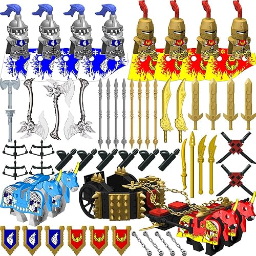 Paquete de armas para minifiguras, kit de armas de caballero que incluye armadura de barda de carruaje de caballos, escudo de casco para mayores de